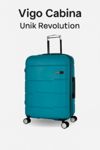 Vigo Cabina suitcase by Unik Revolution — turquoise cabin-size luggage with 360° wheels.