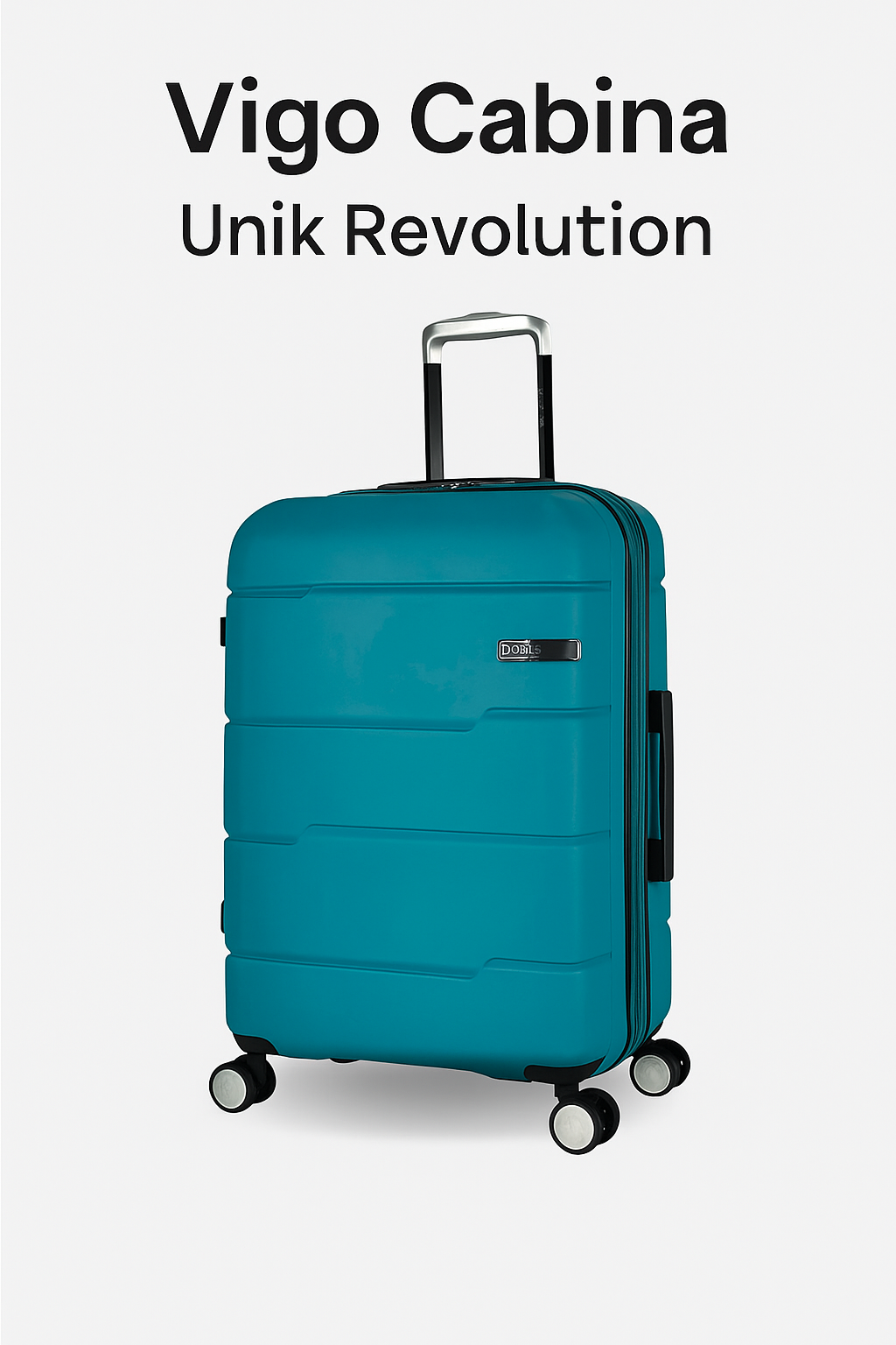 Vigo Cabina suitcase by Unik Revolution — turquoise cabin-size luggage with 360° wheels.