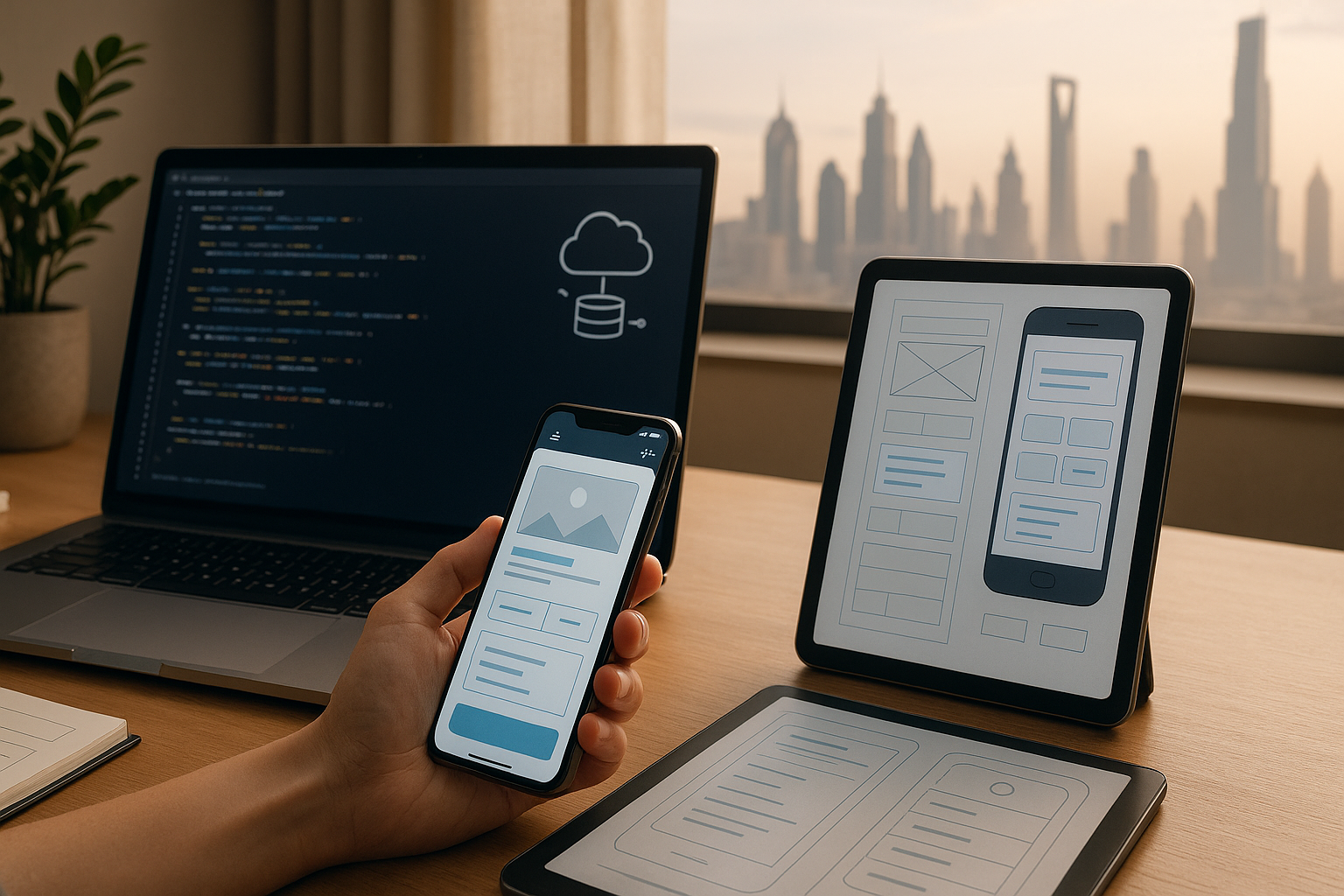 workspace of a mobile app developers, working on wireframes of mobile app
