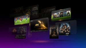Strong 8K IPTV player showing ultra HD sports, movies, and live TV streaming with 4K and 8K entertainment screens.