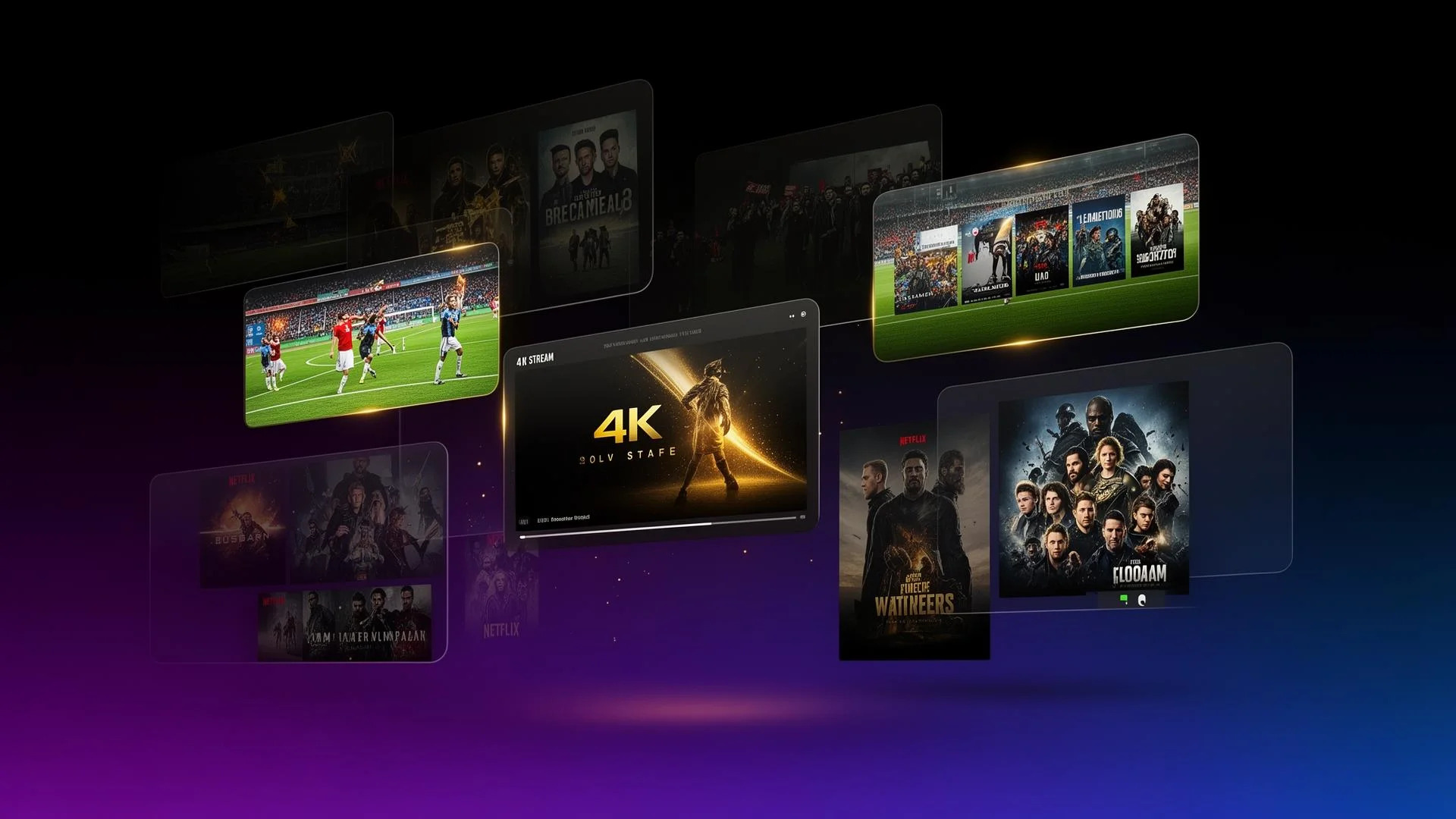 Strong 8K IPTV player showing ultra HD sports, movies, and live TV streaming with 4K and 8K entertainment screens.